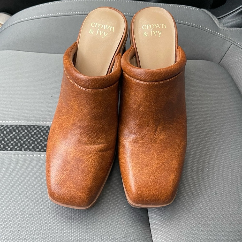Crown & Ivy Brown Mules with Leather Upper and Square Toe